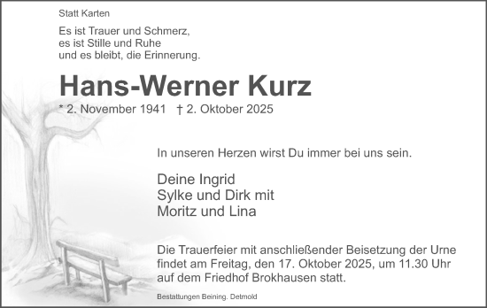 Anzeige  Hans-Werner Kurz  Lippische Landes-Zeitung