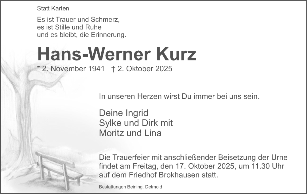  Traueranzeige für Hans-Werner Kurz vom 11.10.2025 aus Lippische Landes-Zeitung