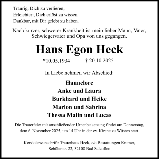Anzeige  Hans Egon Heck  Lippische Landes-Zeitung