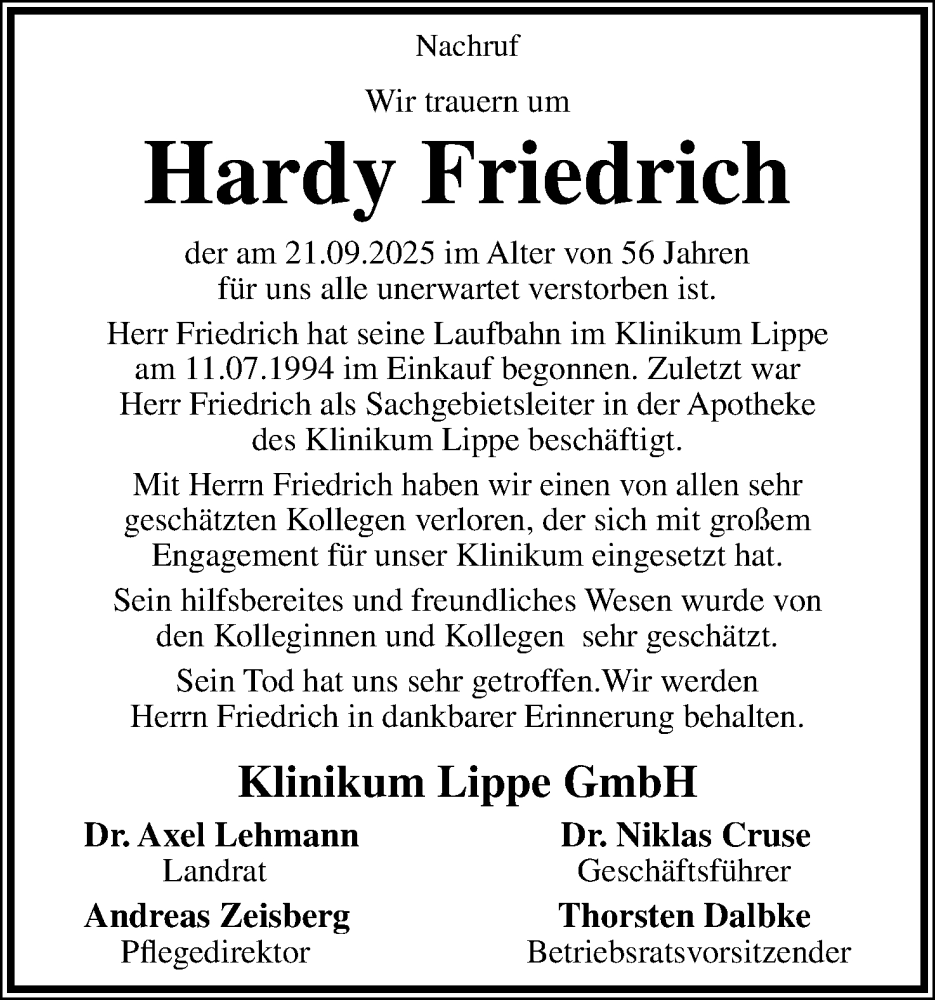  Traueranzeige für Hardy Friedrich vom 04.10.2025 aus Lippische Landes-Zeitung