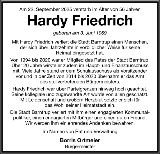 Anzeige  Hardy Friedrich  Lippische Landes-Zeitung