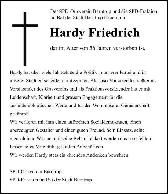 Anzeige  Hardy Friedrich  Lippische Landes-Zeitung