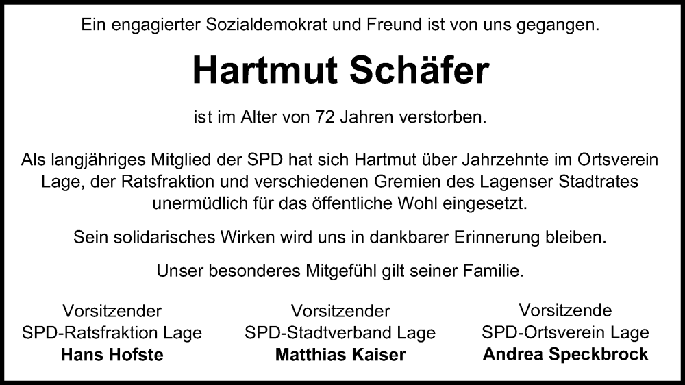  Traueranzeige für Hartmut Schäfer vom 01.10.2025 aus Lippische Landes-Zeitung