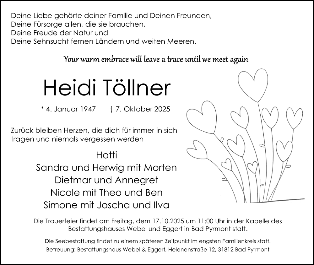  Traueranzeige für Heidi Töllner vom 11.10.2025 aus Lippische Landes-Zeitung