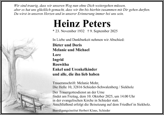 Anzeige  Heinz Peters  Lippische Landes-Zeitung