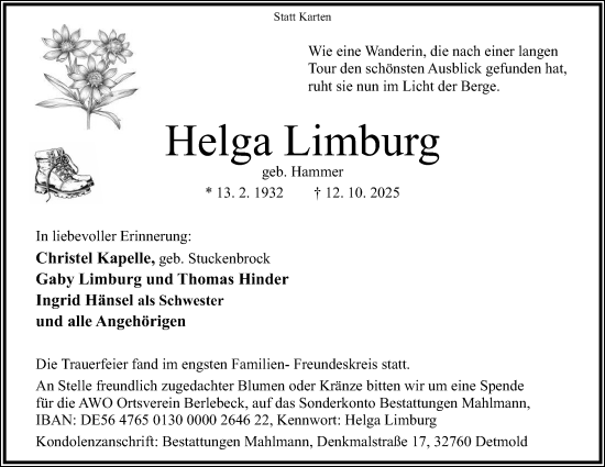 Anzeige  Helga Limburg  Lippische Landes-Zeitung