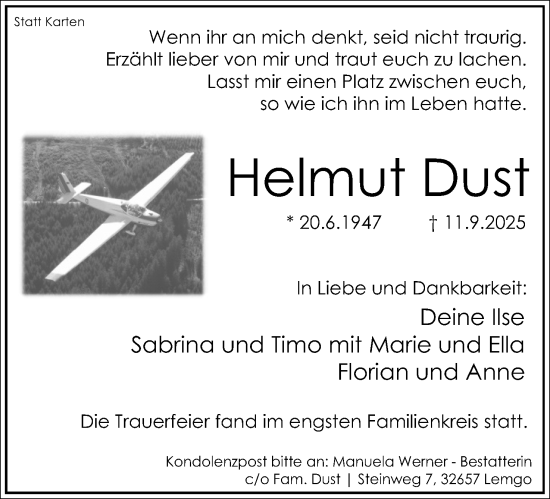 Anzeige  Helmut Dust  Lippische Landes-Zeitung