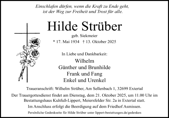 Anzeige  Hilde Strüber  Lippische Landes-Zeitung