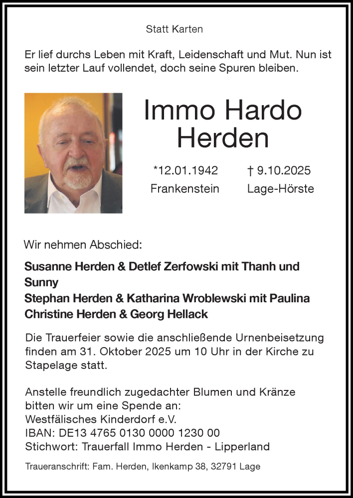  Traueranzeige für Immo Hardo Herden vom 25.10.2025 aus Lippische Landes-Zeitung