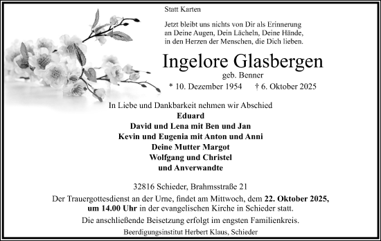Anzeige  Ingelore Glasbergen  Lippische Landes-Zeitung