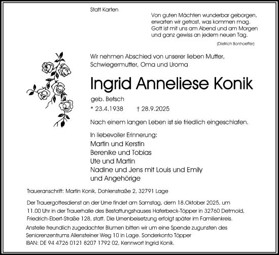 Anzeige  Ingrid Anneliese Konik  Lippische Landes-Zeitung