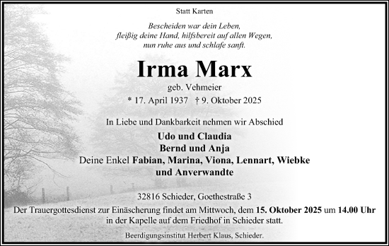 Anzeige  Irma Marx  Lippische Landes-Zeitung