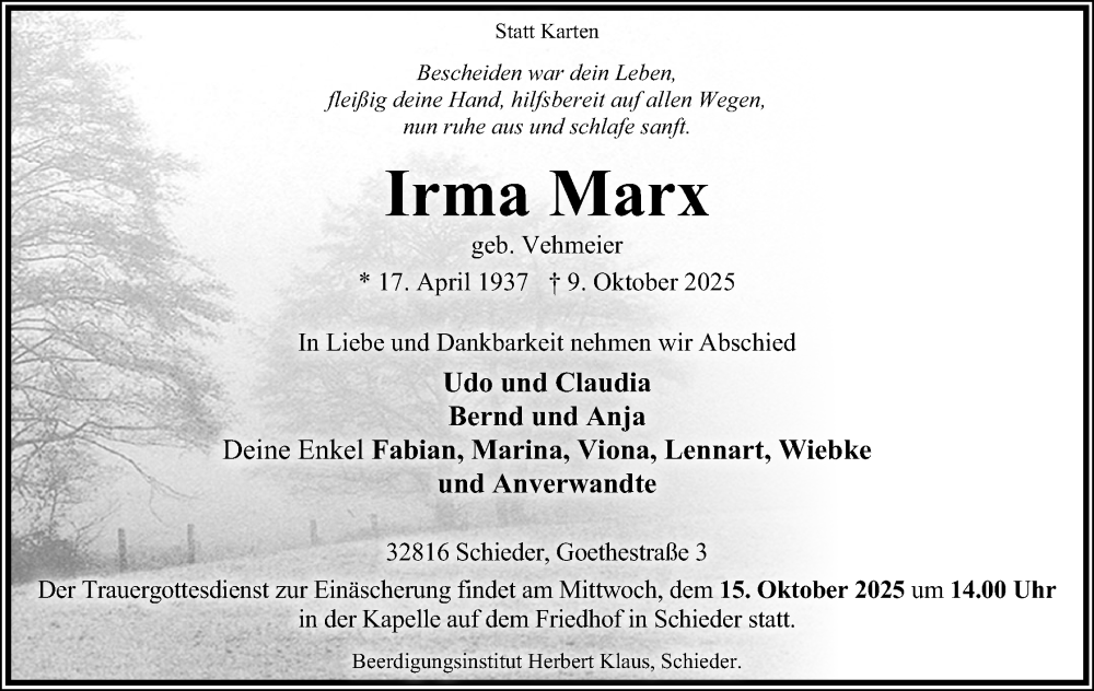  Traueranzeige für Irma Marx vom 11.10.2025 aus Lippische Landes-Zeitung