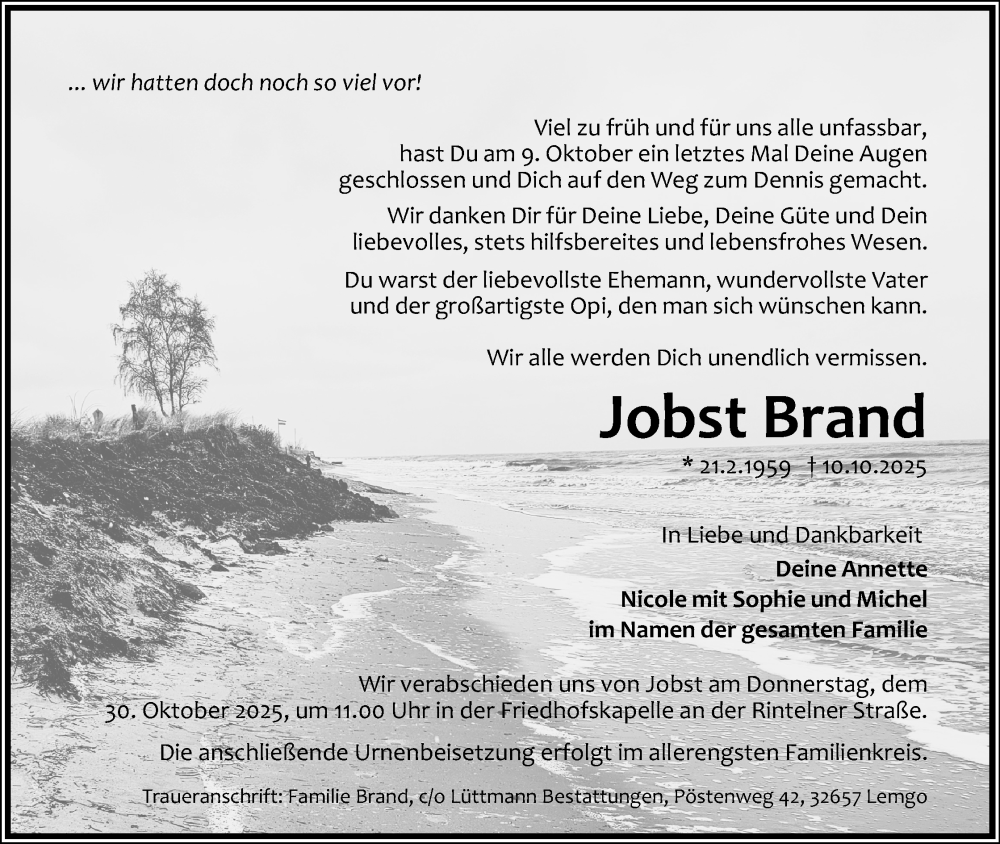  Traueranzeige für Jobst Brand vom 25.10.2025 aus Lippische Landes-Zeitung