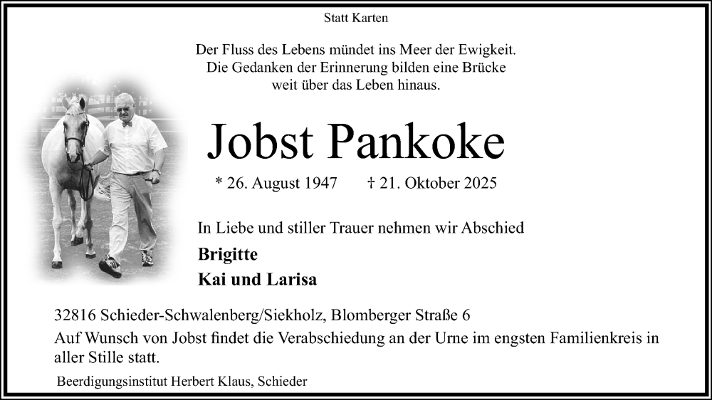 Traueranzeige für Jobst Pankoke vom 25.10.2025 aus Lippische Landes-Zeitung