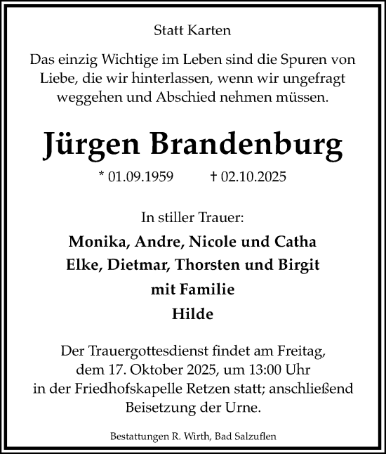 Anzeige  Jürgen Brandenburg  Lippische Landes-Zeitung