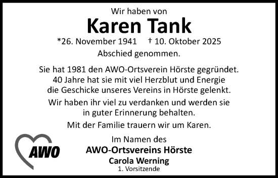 Anzeige  Karen Tank  Lippische Landes-Zeitung