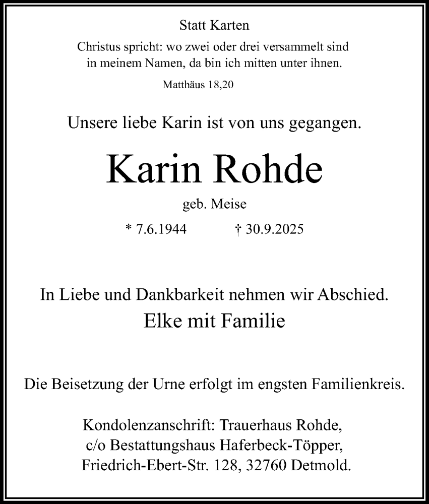 Traueranzeige für Karin Rohde vom 11.10.2025 aus Lippische Landes-Zeitung