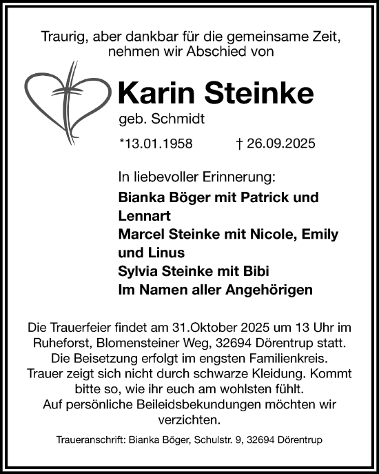 Anzeige  Karin Steinke  Lippische Landes-Zeitung