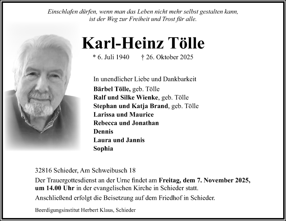  Traueranzeige für Karl-Heinz Tölle vom 31.10.2025 aus Lippische Landes-Zeitung