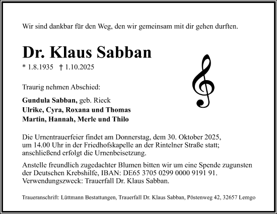 Anzeige  Klaus Sabban  Lippische Landes-Zeitung