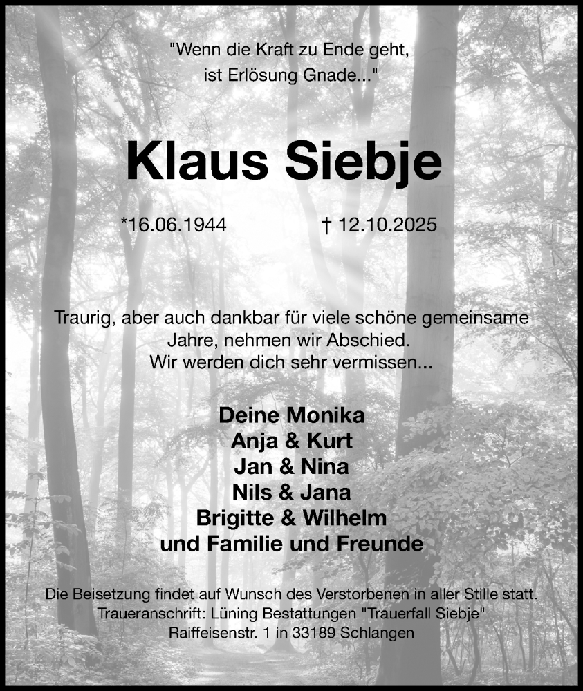  Traueranzeige für Klaus Siebje vom 18.10.2025 aus Lippische Landes-Zeitung