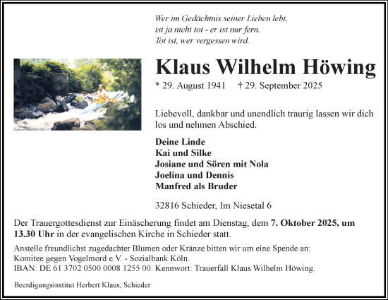 Anzeige  Klaus Wilhelm Höwing  Lippische Landes-Zeitung