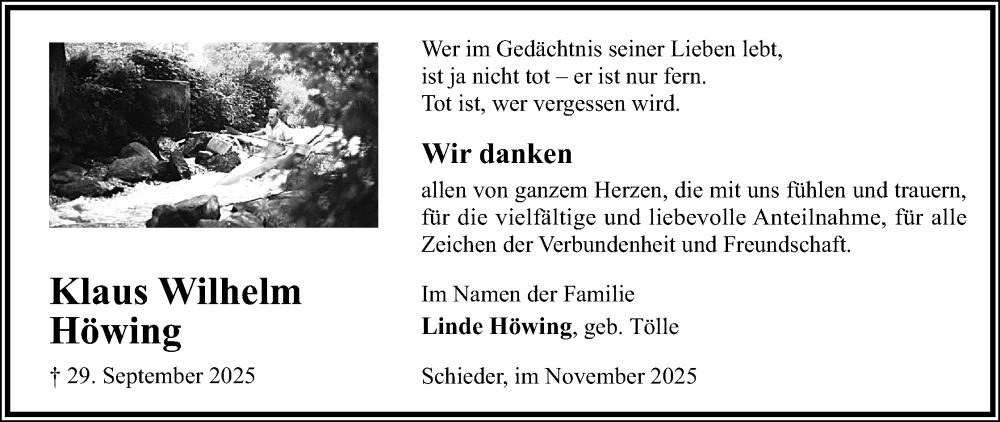 Traueranzeige für Klaus Wilhelm Höwing vom 31.10.2025 aus Lippische Landes-Zeitung
