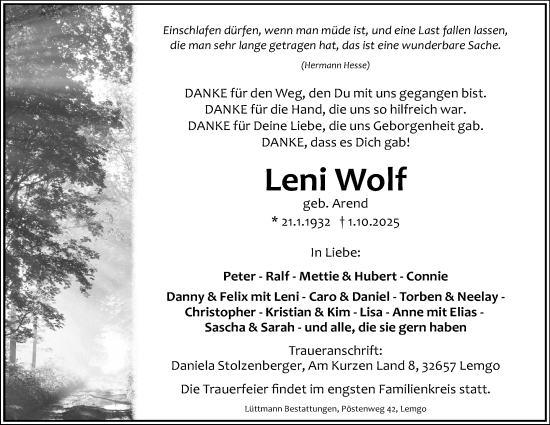 Anzeige  Leni Wolf  Lippische Landes-Zeitung
