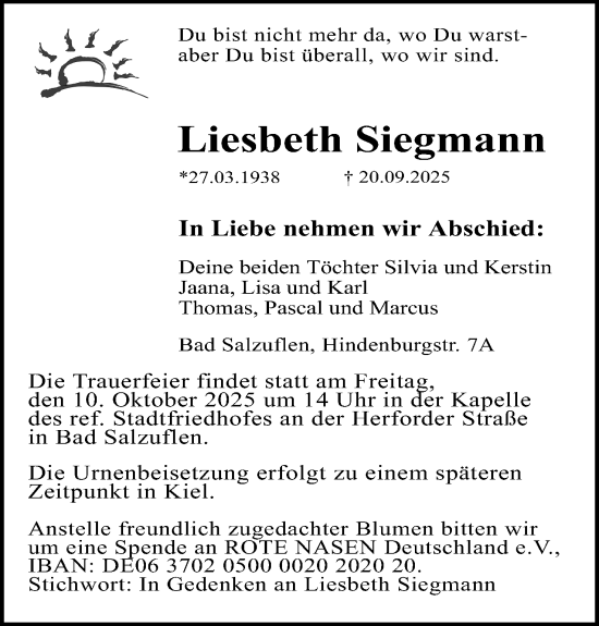 Anzeige  Liesbeth Siegmann  Lippische Landes-Zeitung