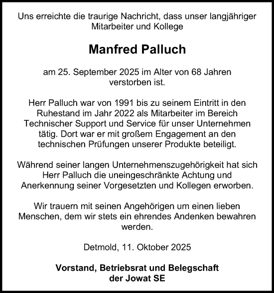 Anzeige  Manfred Palluch  Lippische Landes-Zeitung