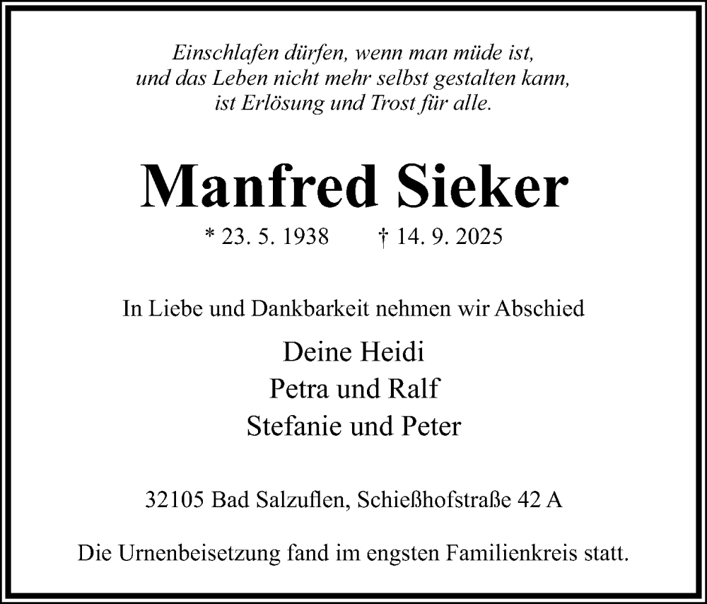  Traueranzeige für Manfred Sieker vom 11.10.2025 aus Lippische Landes-Zeitung