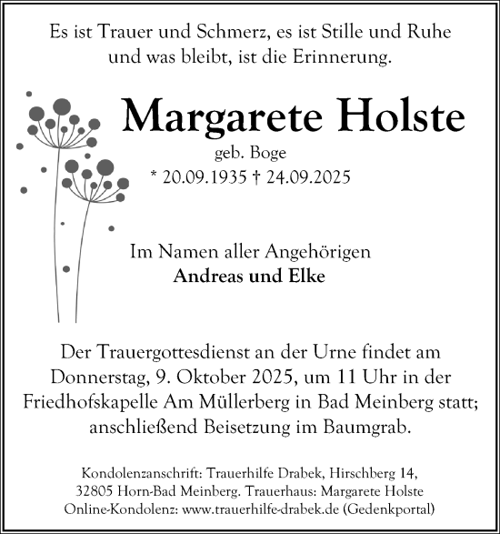 Anzeige  Margarete Holste  Lippische Landes-Zeitung