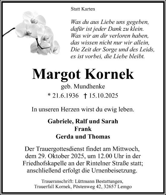 Anzeige  Margot Kornek  Lippische Landes-Zeitung