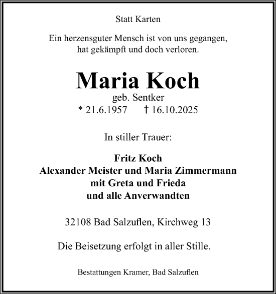 Anzeige  Maria Koch  Lippische Landes-Zeitung