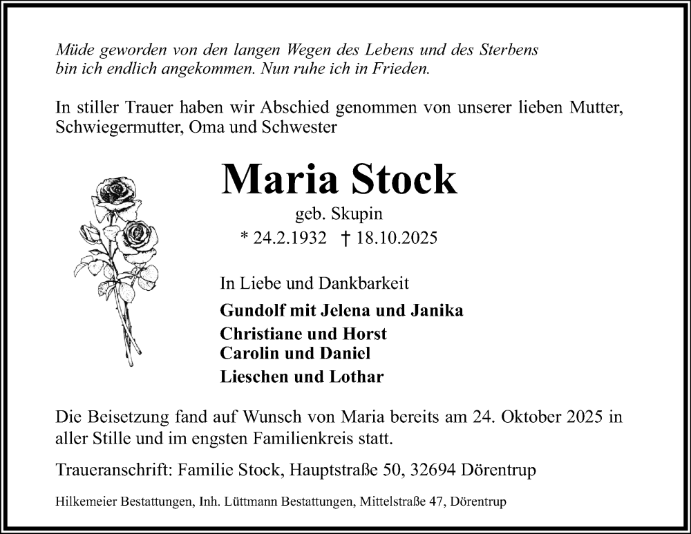  Traueranzeige für Maria Stock vom 25.10.2025 aus Lippische Landes-Zeitung