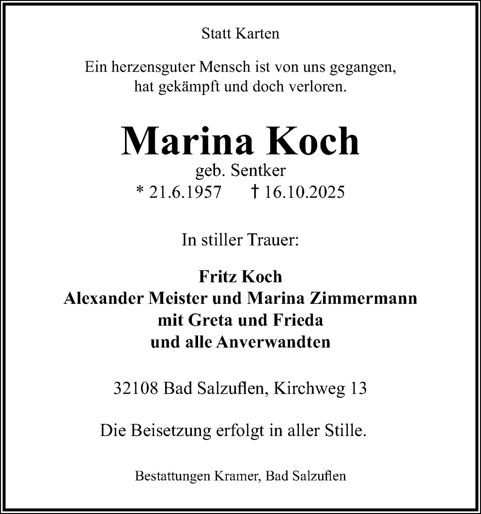  Traueranzeige für Marina Koch vom 28.10.2025 aus Lippische Landes-Zeitung