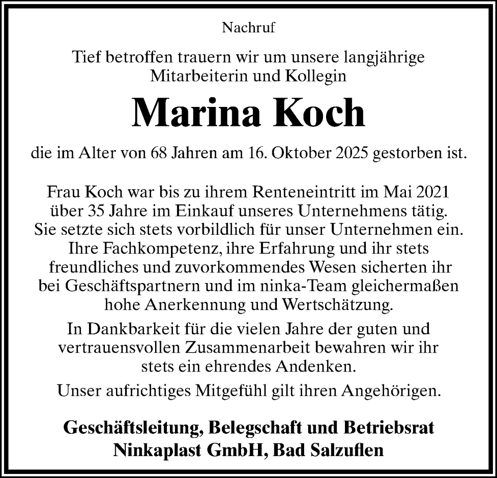  Traueranzeige für Marina Koch vom 31.10.2025 aus Lippische Landes-Zeitung
