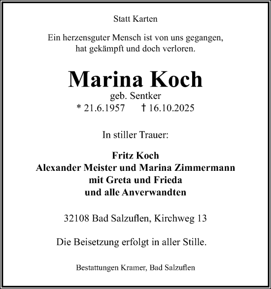 Anzeige  Marina Koch  Lippische Landes-Zeitung