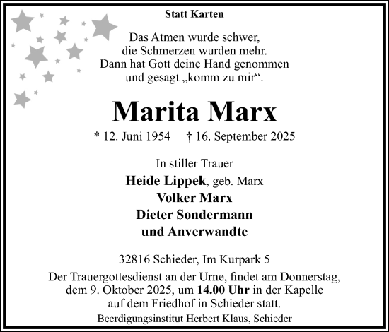 Anzeige  Marita Marx  Lippische Landes-Zeitung