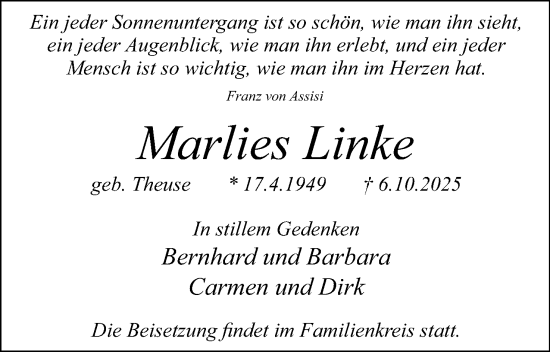 Anzeige  Marlies Linke  Lippische Landes-Zeitung