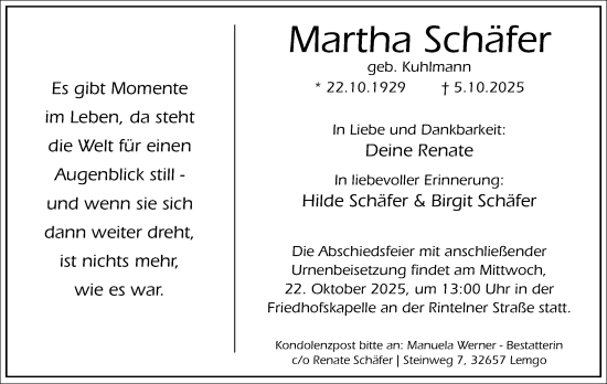 Anzeige  Martha Schäfer  Lippische Landes-Zeitung