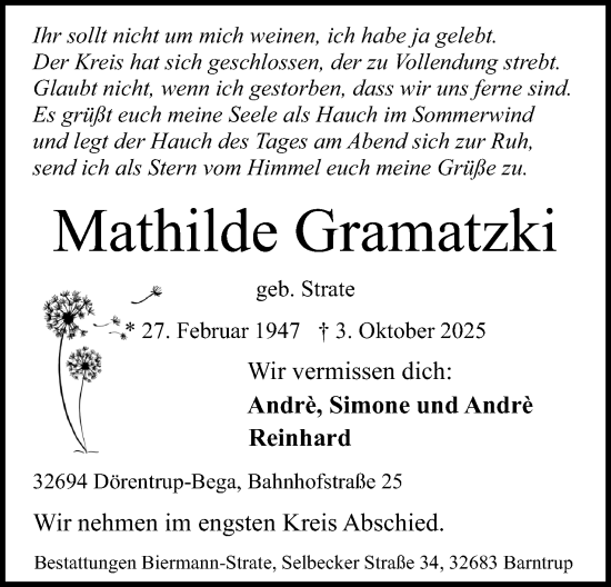 Anzeige  Mathilde Gramatzki  Lippische Landes-Zeitung