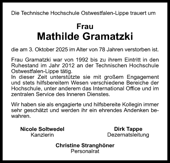 Anzeige  Mathilde Gramatzki  Lippische Landes-Zeitung