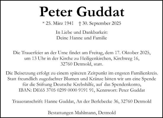 Anzeige  Peter Guddat  Lippische Landes-Zeitung