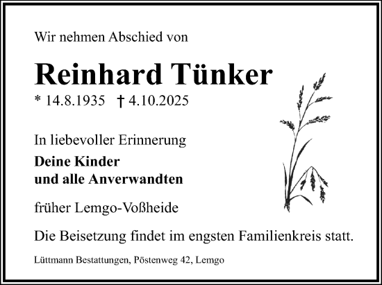 Anzeige  Reinhard Tünker  Lippische Landes-Zeitung
