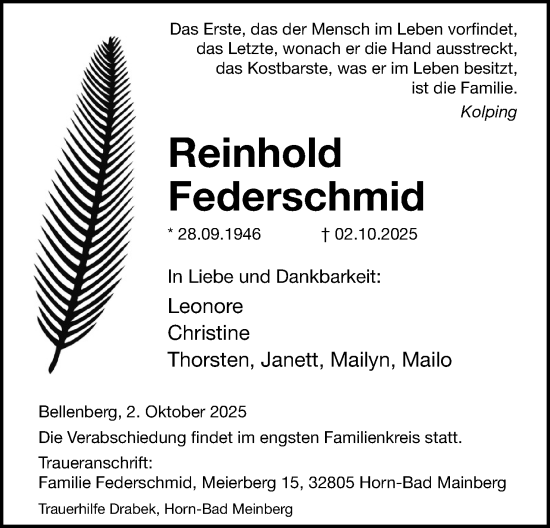 Anzeige  Reinhold Federschmid  Lippische Landes-Zeitung