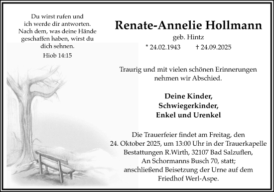 Anzeige  Renate-Annelie Hollmann  Lippische Landes-Zeitung