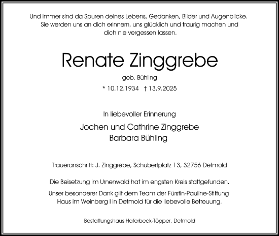 Anzeige  Renate Zinggrebe  Lippische Landes-Zeitung