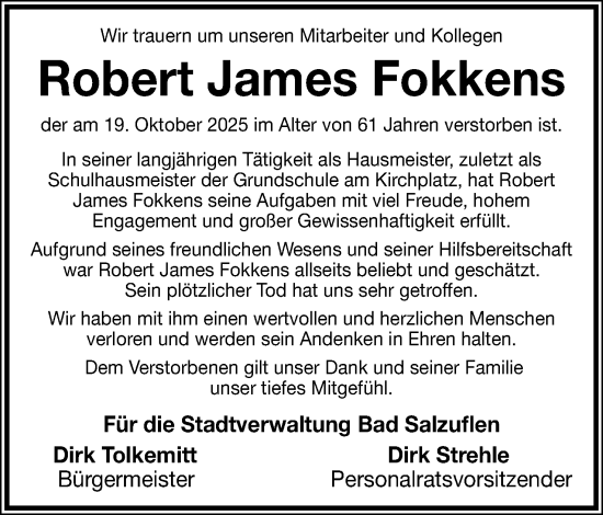 Anzeige  Robert James Fokkens  Lippische Landes-Zeitung